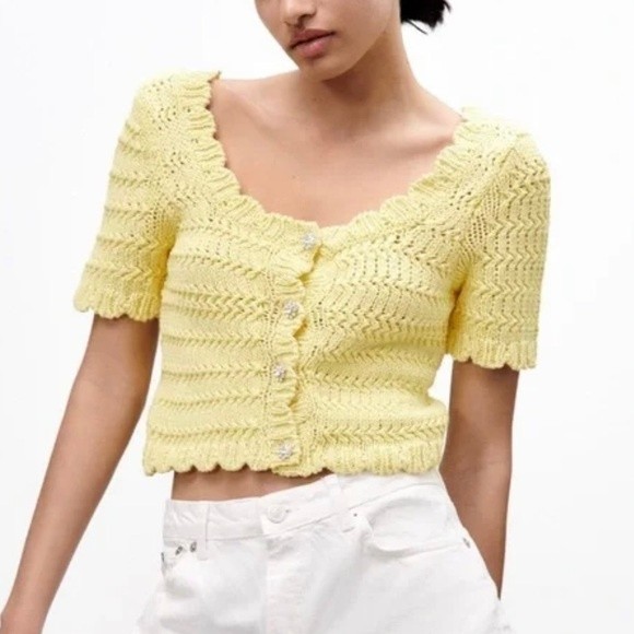 Zara Sweaters - ZARA yellow knit top with jeweled rhinestone buttons size small